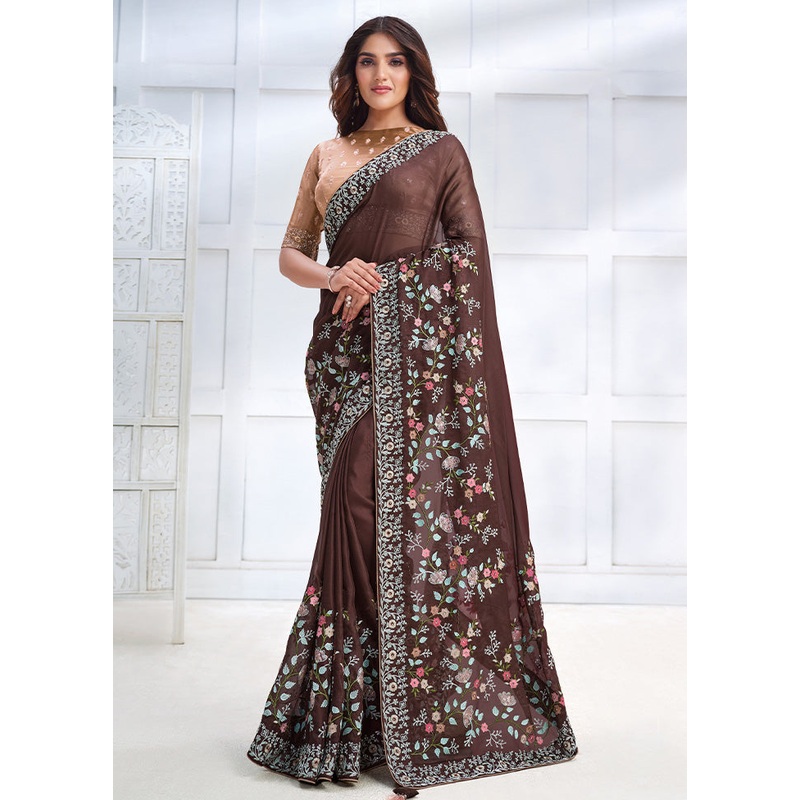 Brown Georgette Saree With Blouse Piece - JD986602880