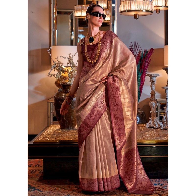 Brown Spun Silk Saree With Blouse Piece - JD986602858