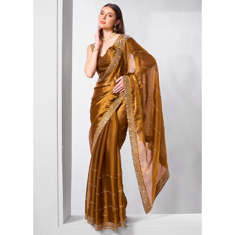 Brown Spun Silk Saree With Blouse Piece - JD986602879