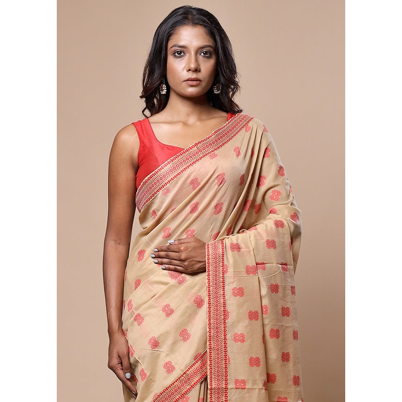 Cream Assam Silk Saree With Blouse Piece - JD986602817