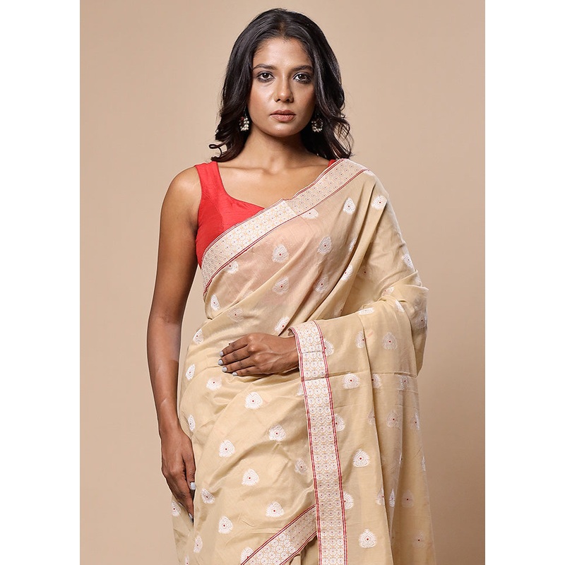 Cream Assam Silk Saree With Blouse Piece - JD986602818