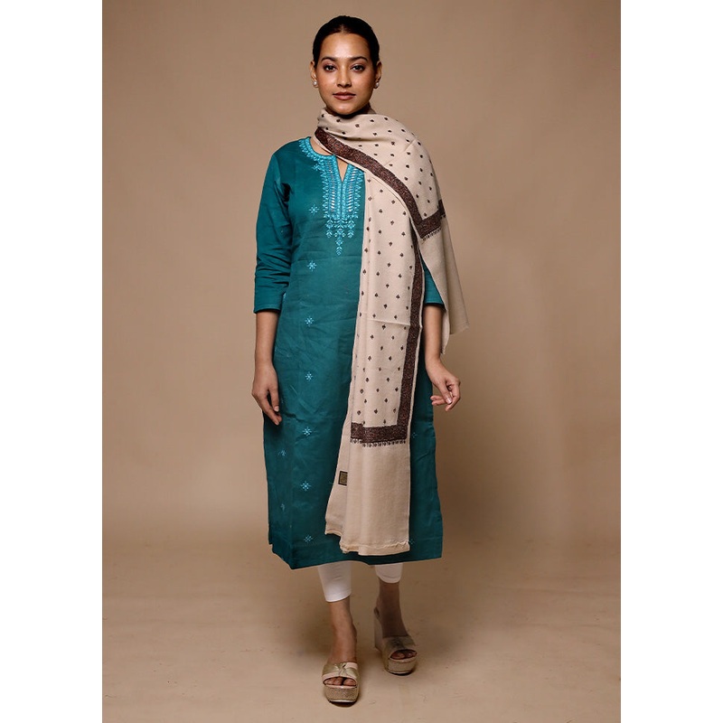 Cream Butta Work With Zari Woven Border Shawl - JD986602700