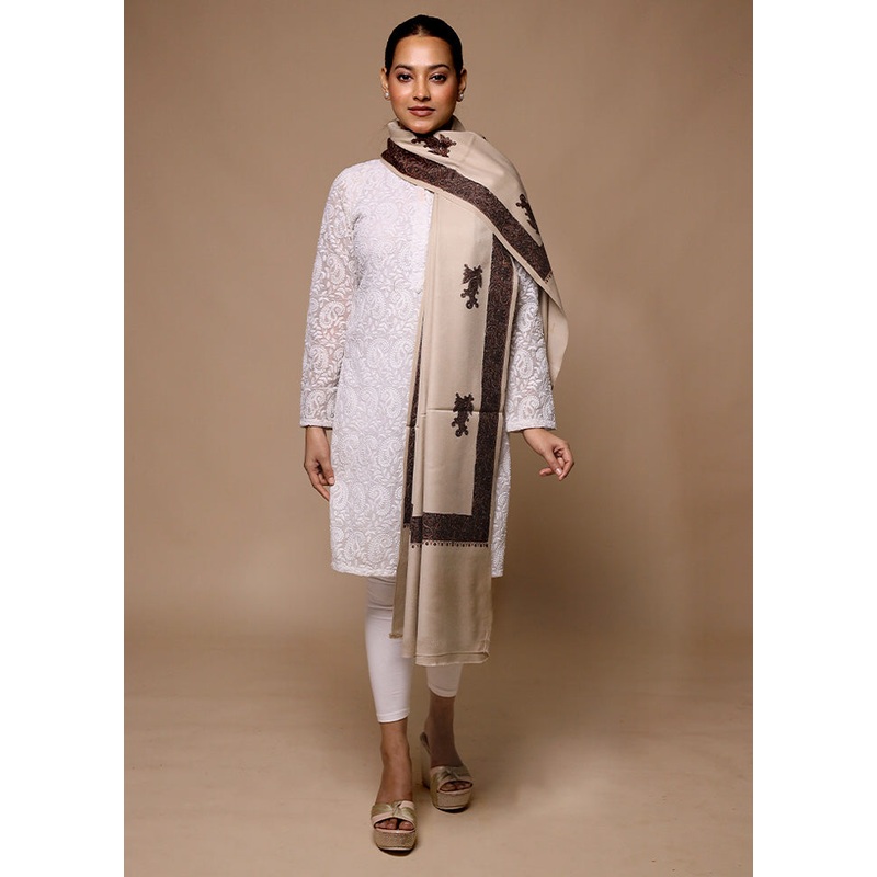 Cream Butta Work With Zari Woven Border Shawl - JD986602701