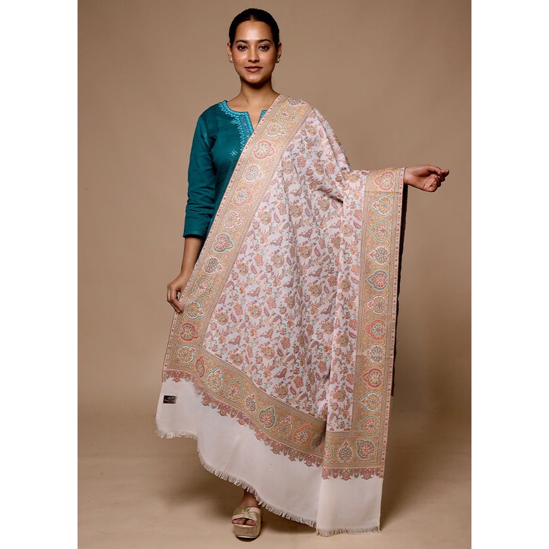 Cream Butta Work With Zari Woven Border Shawl - JD986602703