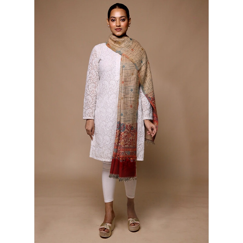 Cream Butta Work With Zari Woven Border Shawl - JD986602705