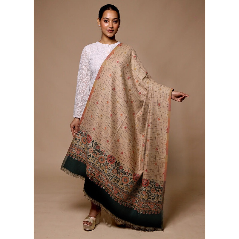 Cream Butta Work With Zari Woven Border Shawl - JD986602706