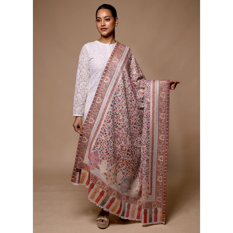 Cream Butta Work With Zari Woven Border Shawl - JD986602707