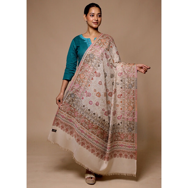 Cream Butta Work With Zari Woven Border Shawl - JD986602708