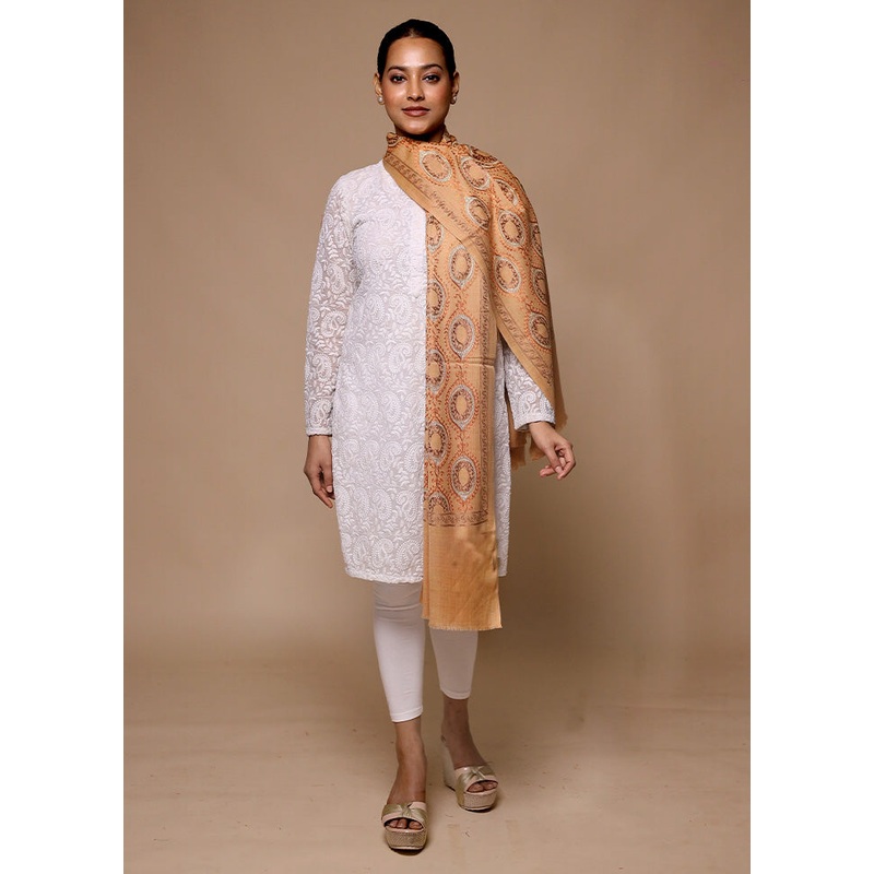 Cream Butta Work With Zari Woven Border Shawl - JD986602709