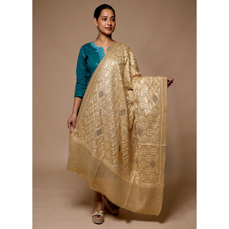 Cream Butta Work With Zari Woven Border Shawl - JD986602710