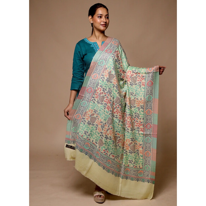 Cream Butta Work With Zari Woven Border Shawl - JD986602711