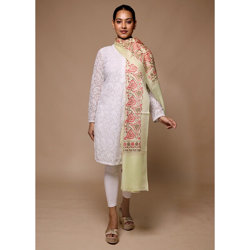 Cream Butta Work With Zari Woven Border Shawl - JD986602712