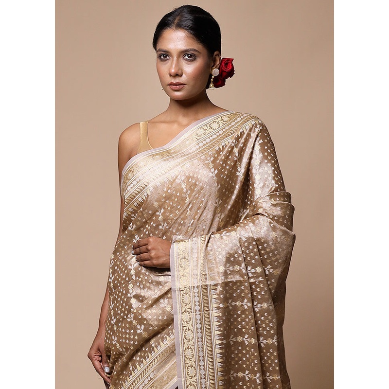 Cream Tissue Silk Saree With Blouse Piece - JD986602809