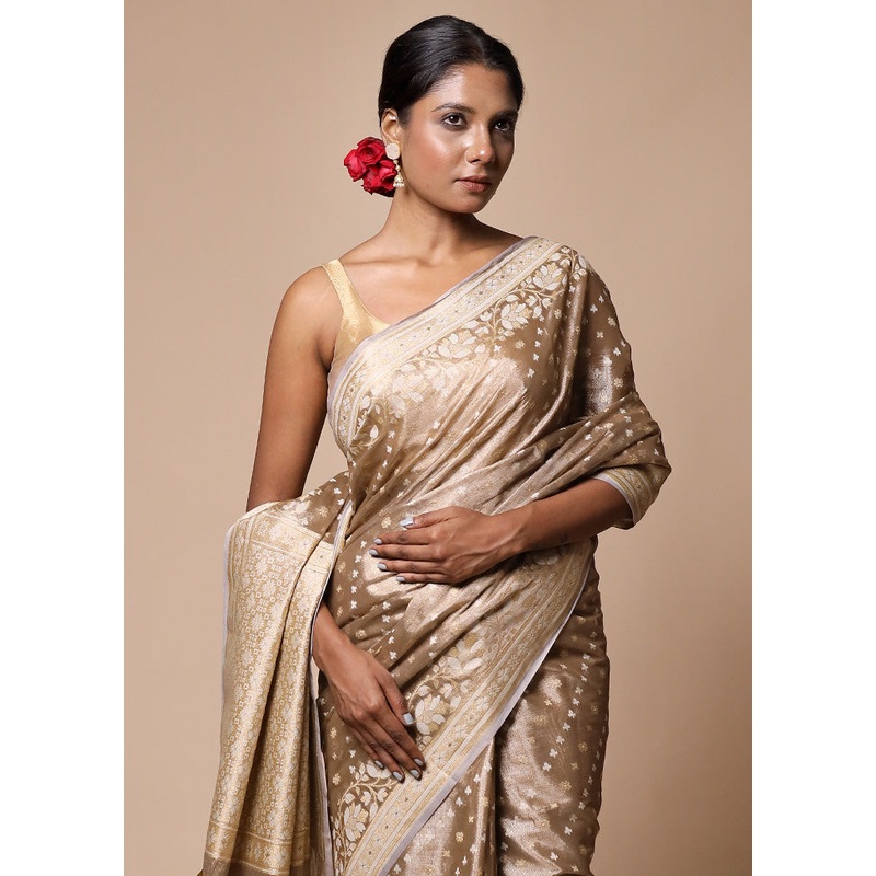 Cream Tissue Silk Saree With Blouse Piece - JD986602810