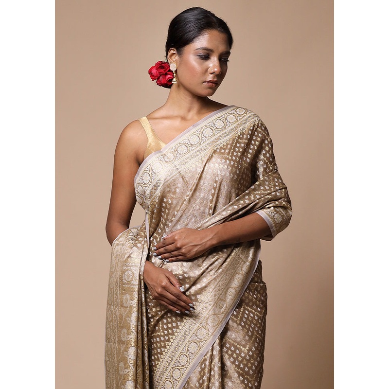 Cream Tissue Silk Saree With Blouse Piece - JD986602811