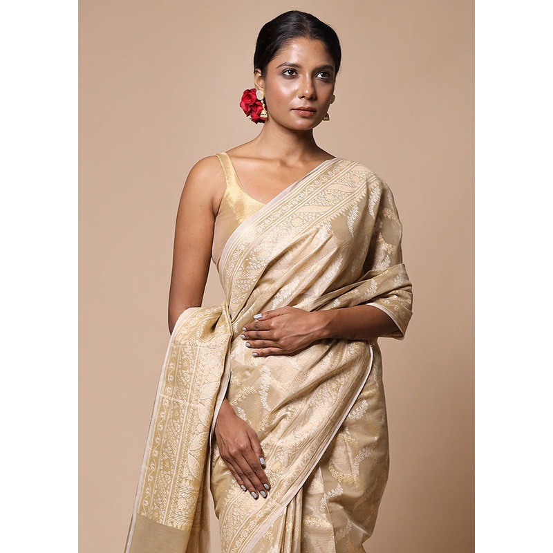Cream Tissue Silk Saree With Blouse Piece - JD986602812