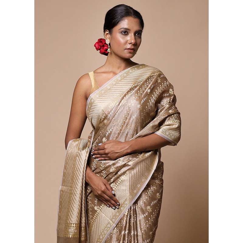 Cream Tissue Silk Saree With Blouse Piece - JD986602813