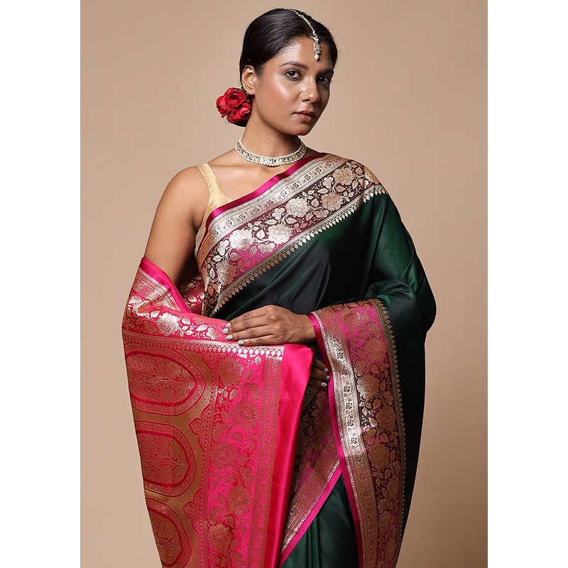 Green Banarasi Silk Saree With Blouse Piece - JD986602805