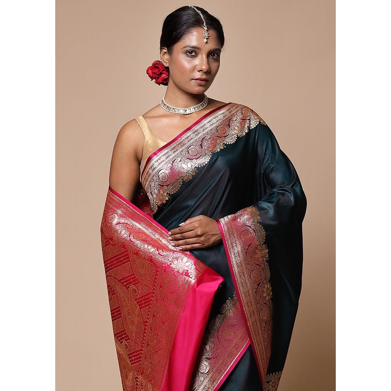 Green Banarasi Silk Saree With Blouse Piece - JD986602806