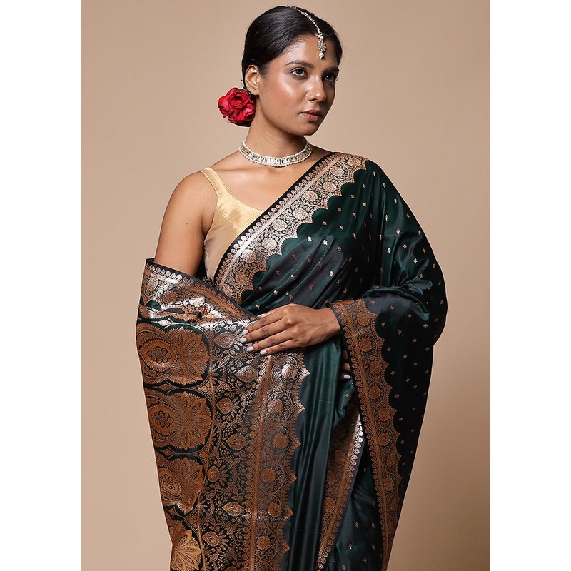 Green Banarasi Silk Saree With Blouse Piece - JD986602807