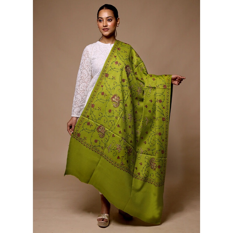Green Butta Work With Zari Woven Border Shawl - JD986602694