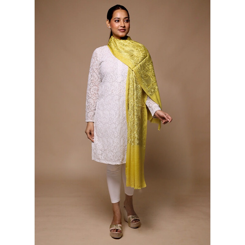 Green Butta Work With Zari Woven Border Shawl - JD986602695