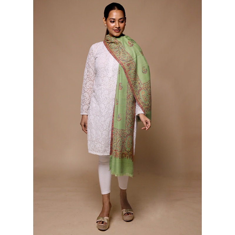 Green Butta Work With Zari Woven Border Shawl - JD986602696