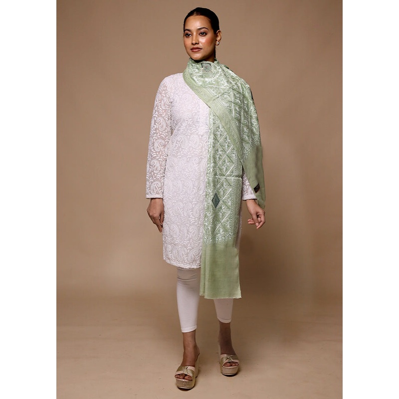 Green Butta Work With Zari Woven Border Shawl - JD986602697