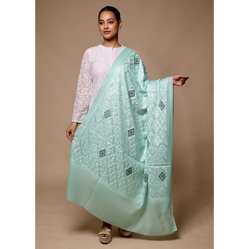 Green Butta Work With Zari Woven Border Shawl - JD986602698