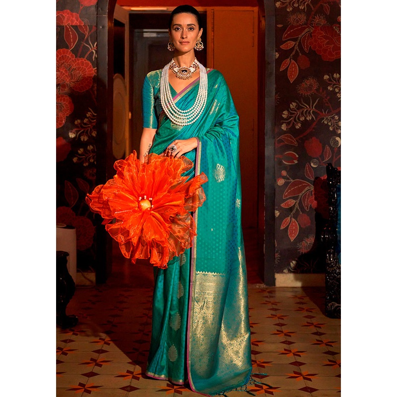 Green Dupion Silk Saree With Blouse Piece - JD986602856