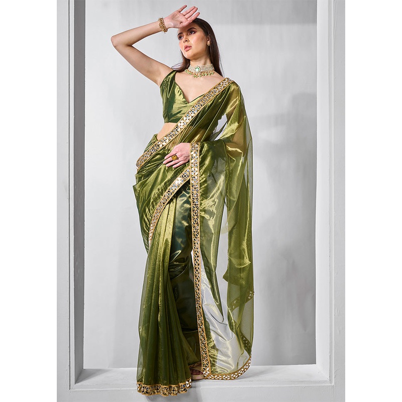 Green Net Saree With Blouse Piece - JD986602877