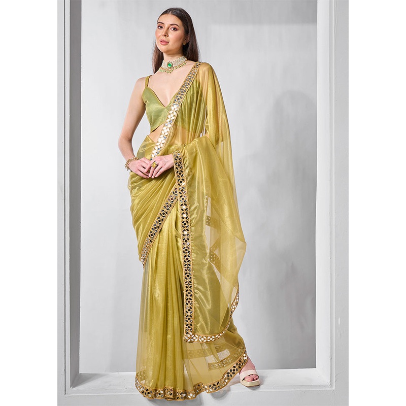 Green Net Saree With Blouse Piece - JD986602878