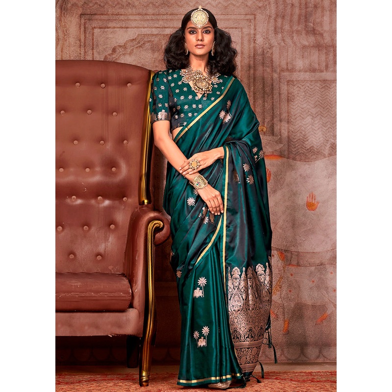 Green Spun Silk Saree With Blouse Piece - JD986602855