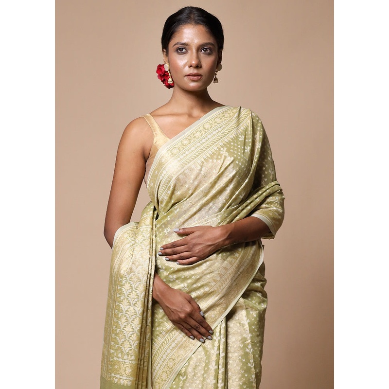 Green Tissue Silk Saree With Blouse Piece - JD986602796