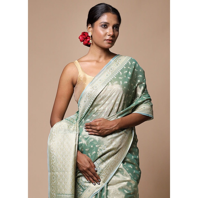 Green Tissue Silk Saree With Blouse Piece - JD986602797
