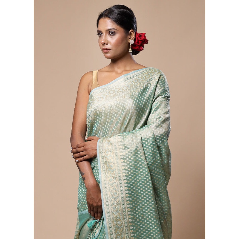 Green Tissue Silk Saree With Blouse Piece - JD986602798