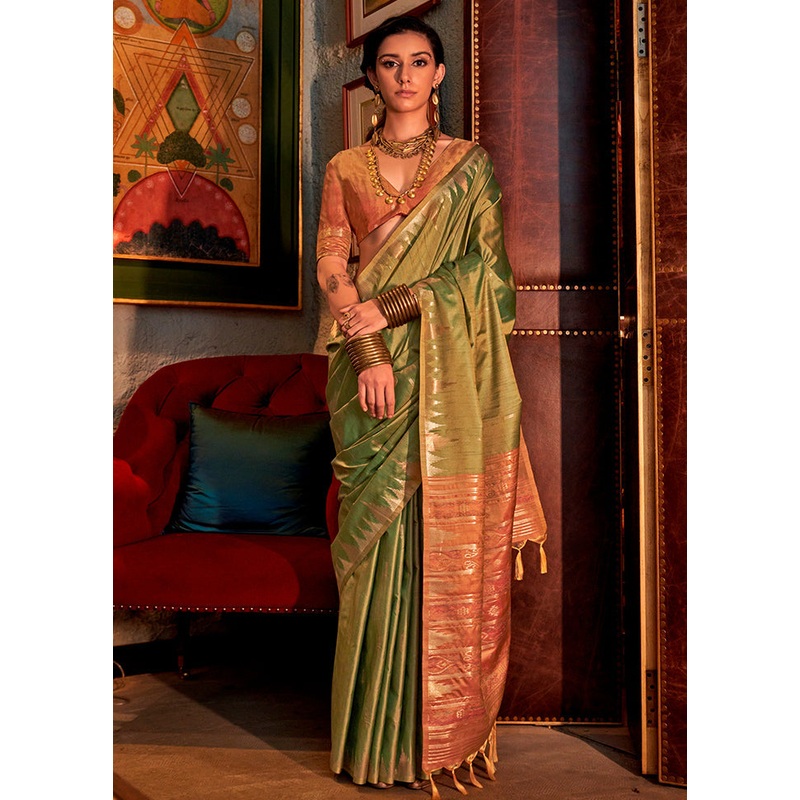 Green Tussar Silk Saree With Blouse Piece - JD986602854