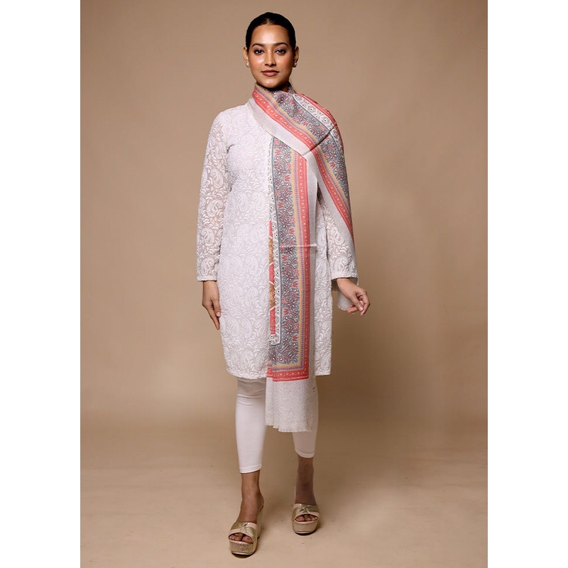 Grey Butta Work With Zari Woven Border Shawl - JD986602687