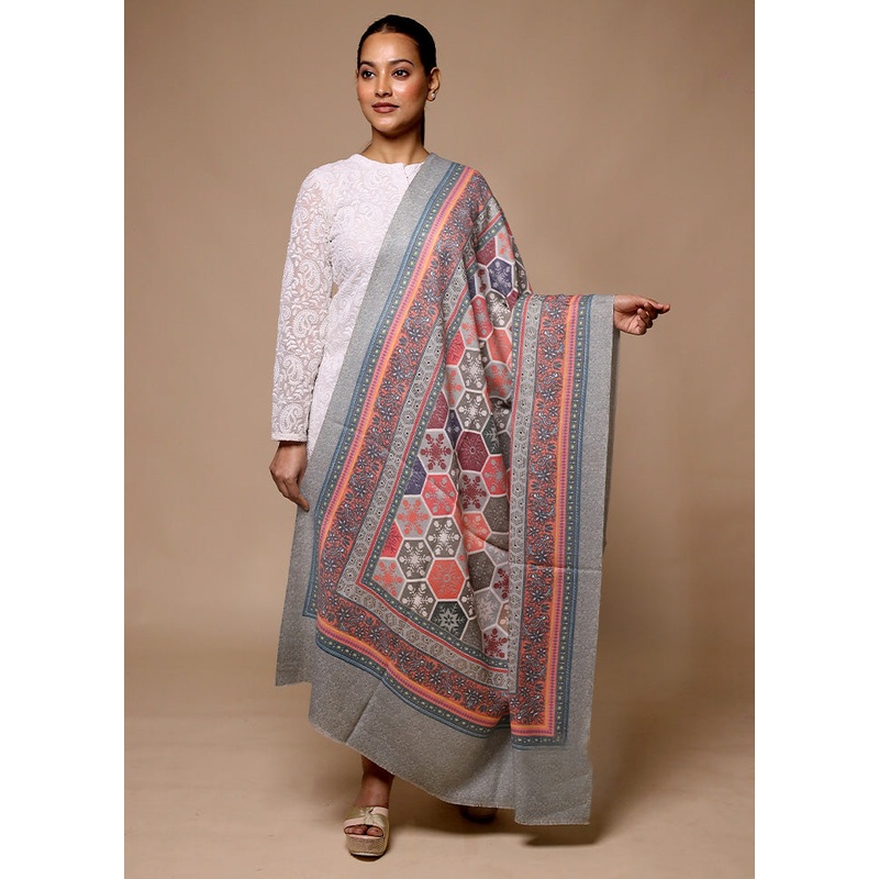 Grey Butta Work With Zari Woven Border Shawl - JD986602688