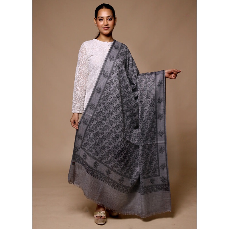 Grey Butta Work With Zari Woven Border Shawl - JD986602689