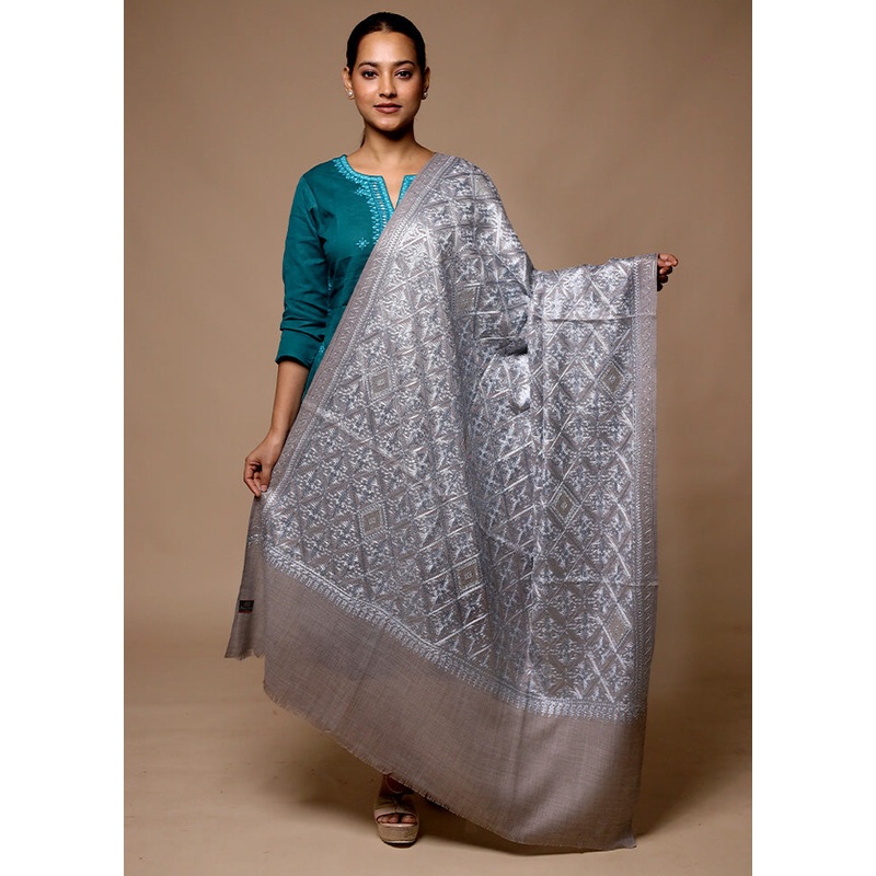 Grey Butta Work With Zari Woven Border Shawl - JD986602691
