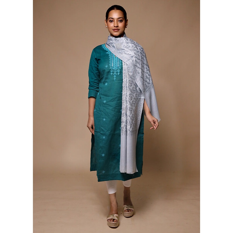 Grey Butta Work With Zari Woven Border Shawl - JD986602692