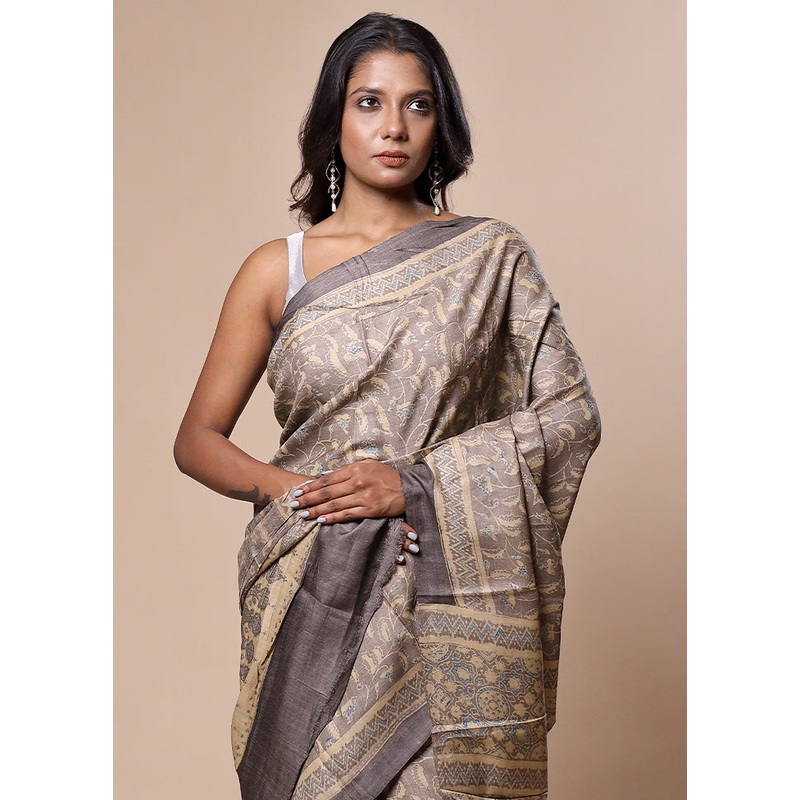 Grey Handloom Tussar Pure Silk Saree With Blouse Piece - JD986602794