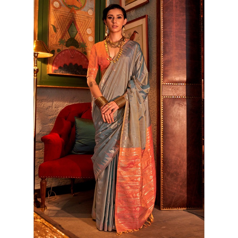 Grey Tussar Silk Saree With Blouse Piece - JD986602853