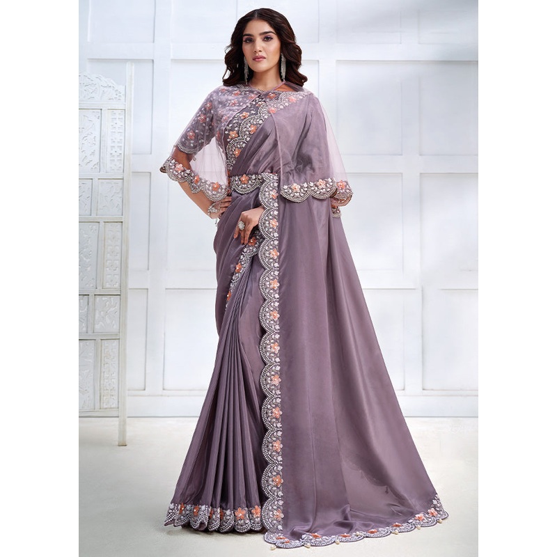 Lavender Crepe Silk Saree With Blouse Piece - JD986602876