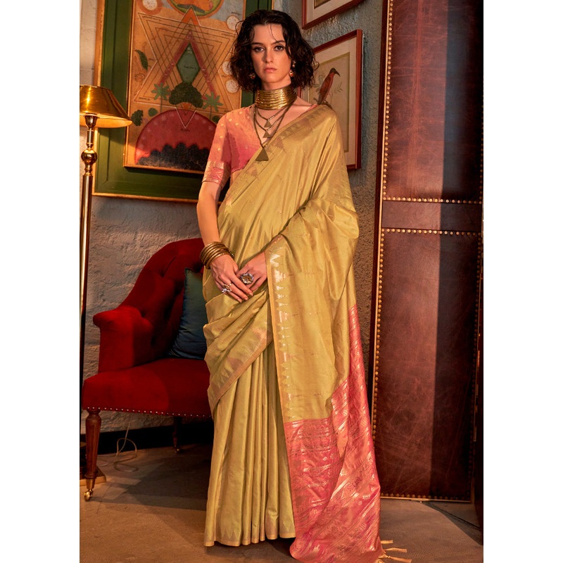 Lemon Green Tussar Silk Saree With Blouse Piece - JD986602852