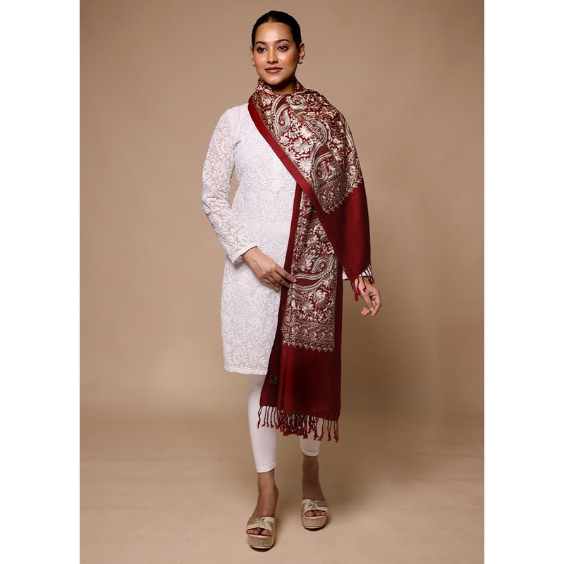 Maroon Butta Work With Zari Woven Border Shawl - JD986602685