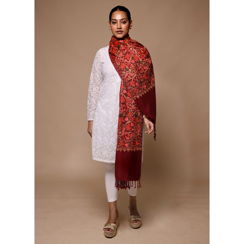 Maroon Woven Work Shawl - JD986602684