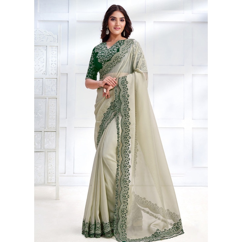 Off White Net Saree With Blouse Piece - JD986602875