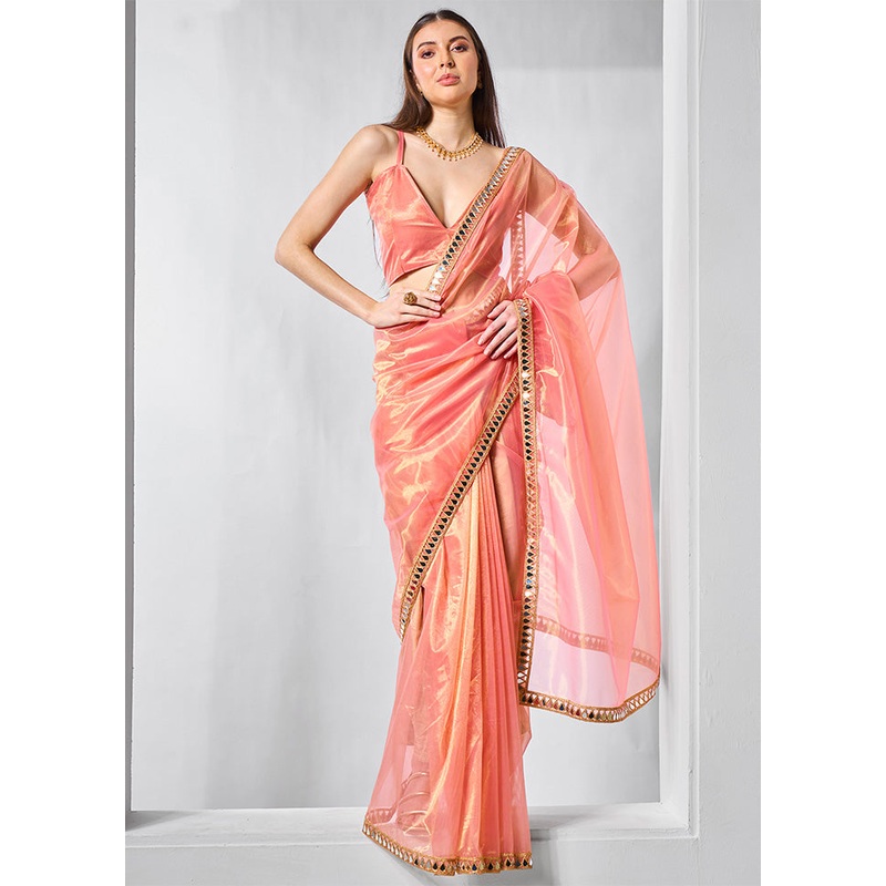 Orange Net Saree With Blouse Piece - JD986602874